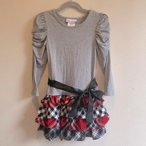 Bonnie Jean holiday grey dress with plaid tiered skirt size 5